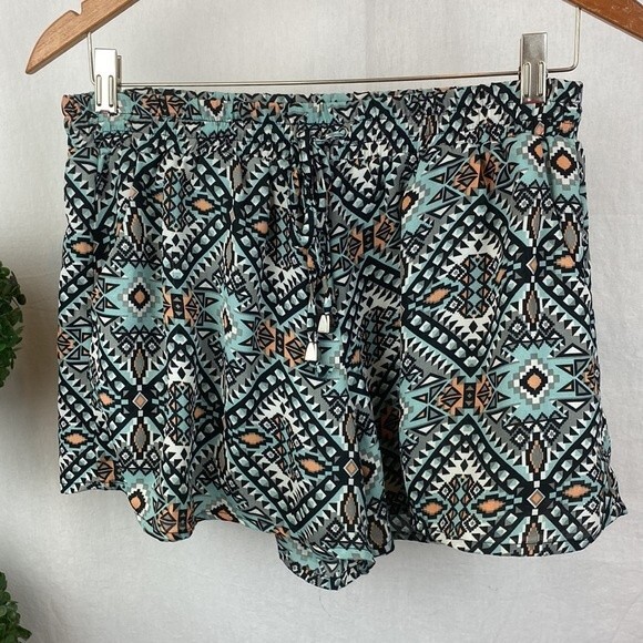 Anthropologie Elevenses Blue & Black Tribal Print Casual Drawstring Shorts S - Picture 2 of 5